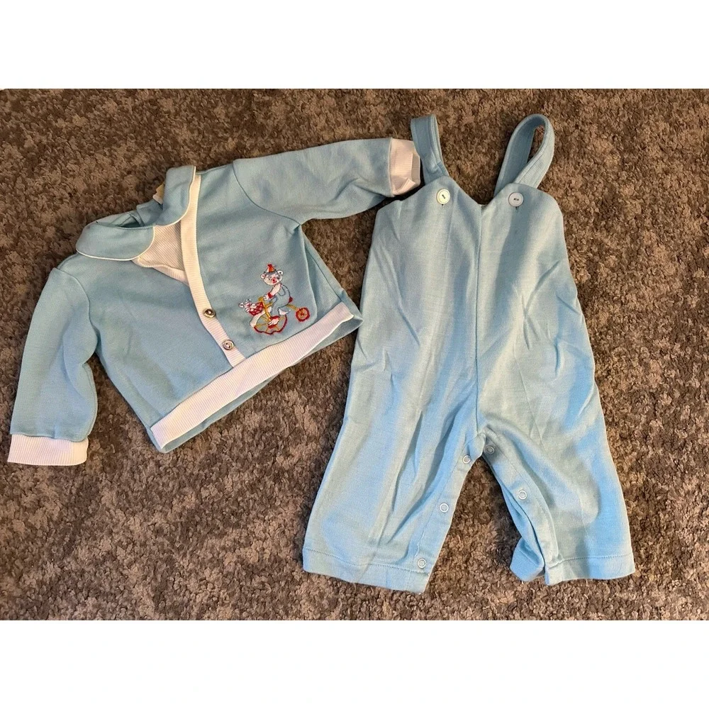 Tiny Tots Original Vintage Infant Clothing Size 3-6 Blue Overalls & Sweater 2pc